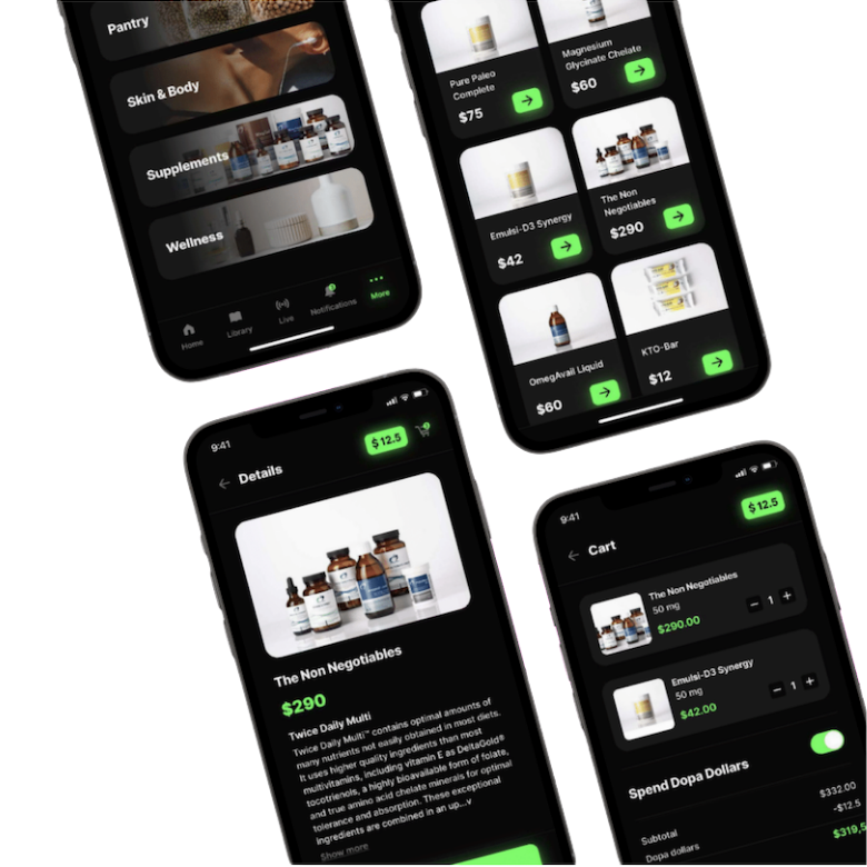 The Dopa Shop — supplement categories, product detail, and cart with Dopa Dollars